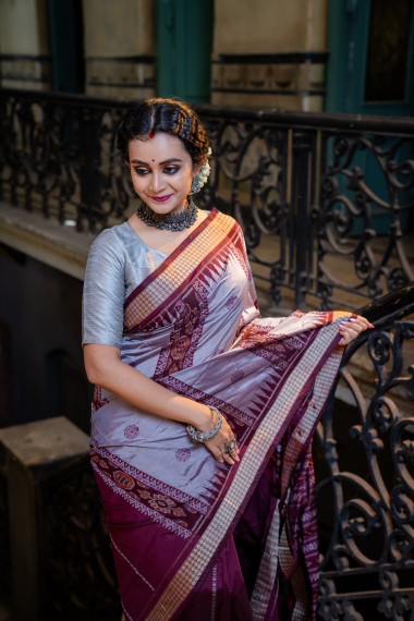  Steel Grey & Maroon Ikkat Bomkai - BBS57